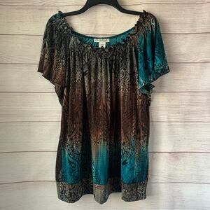Claudia Richard Brown Turquoise Blouse Paisley Animal Print Stretch Neckline 2X